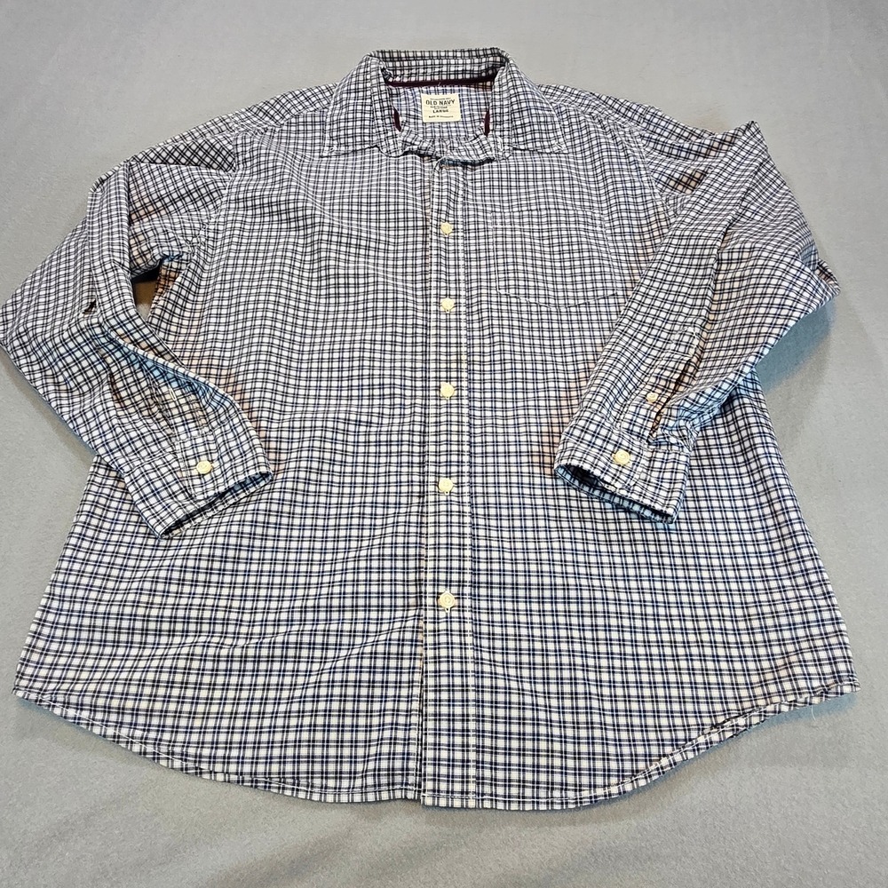 Old Navy Button Front Shirt Mens‎ Large Blue White Plaid Long Sleeve Cotton
